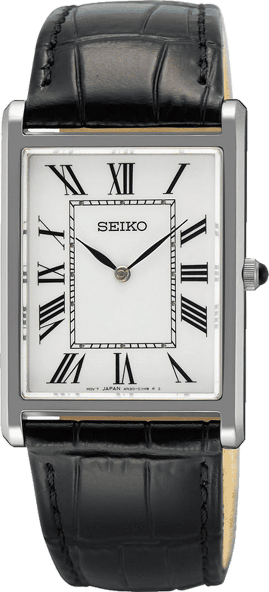Seiko herrklocka med rektangulärt hölje, svart läderarmband och vit urtavla