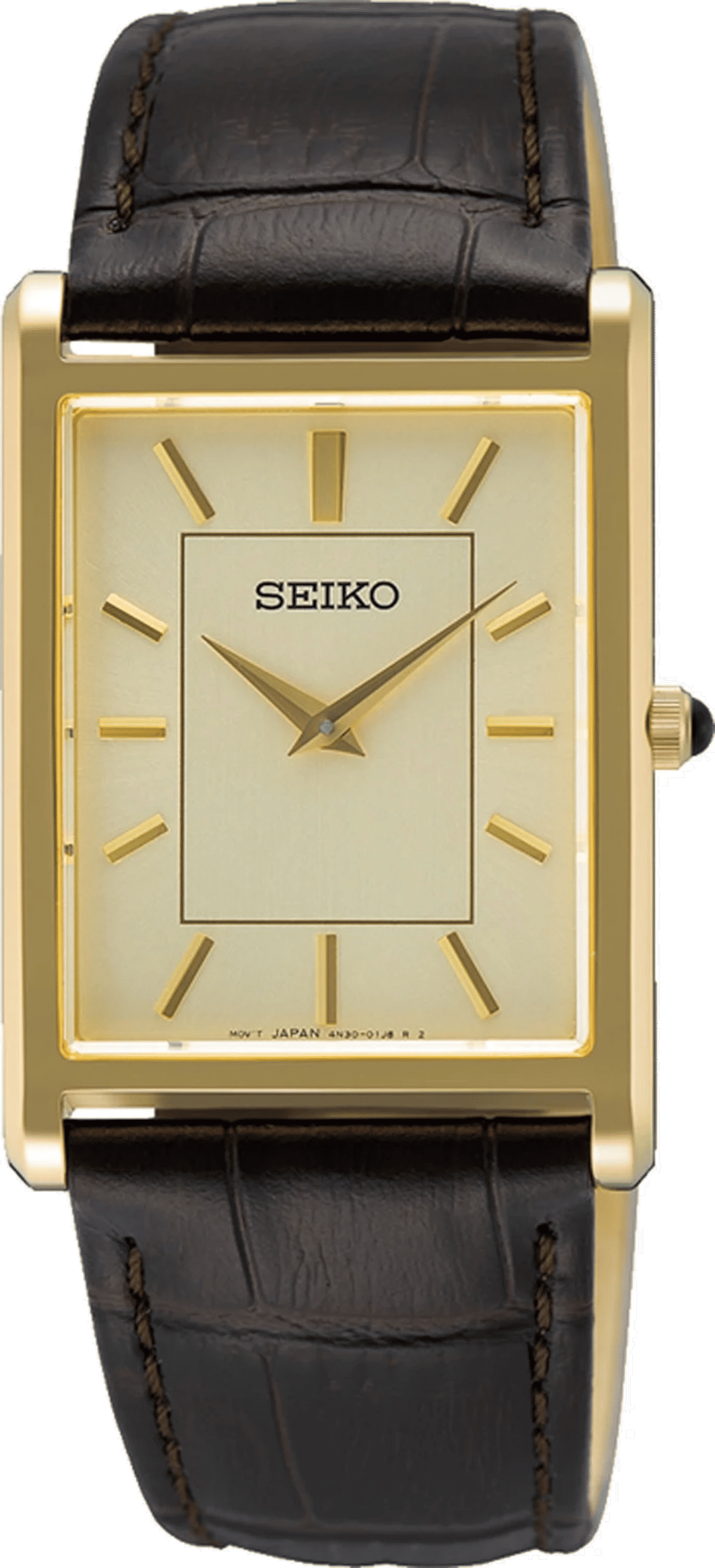 "Damklocka med guldfärgat hölje, beige urtavla och svart läderarmband, Seiko"