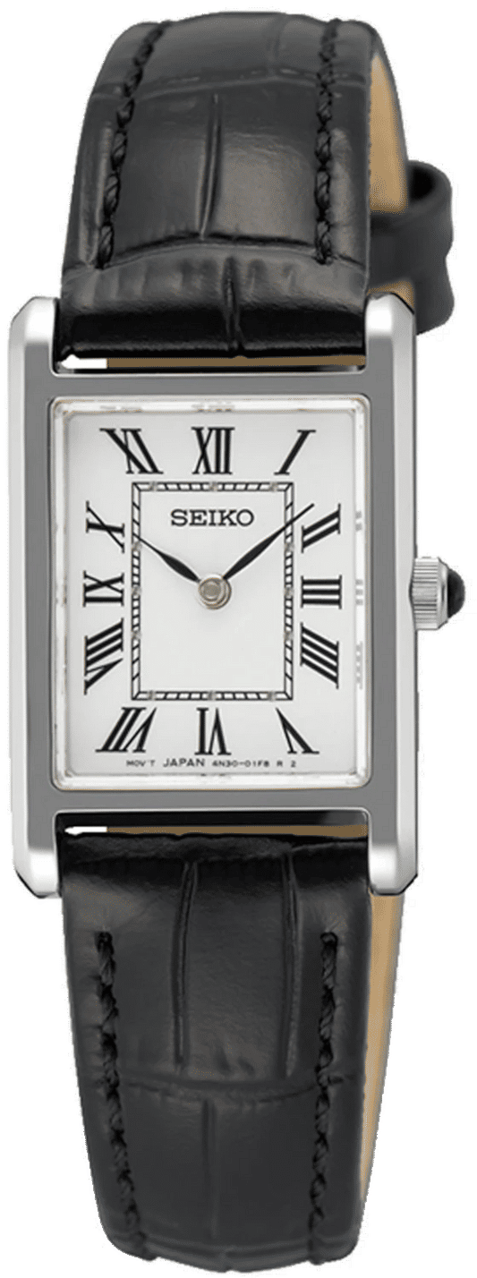 "Seiko damklocka med svart läderarmband, fyrkantig urtavla med romerska siffror"