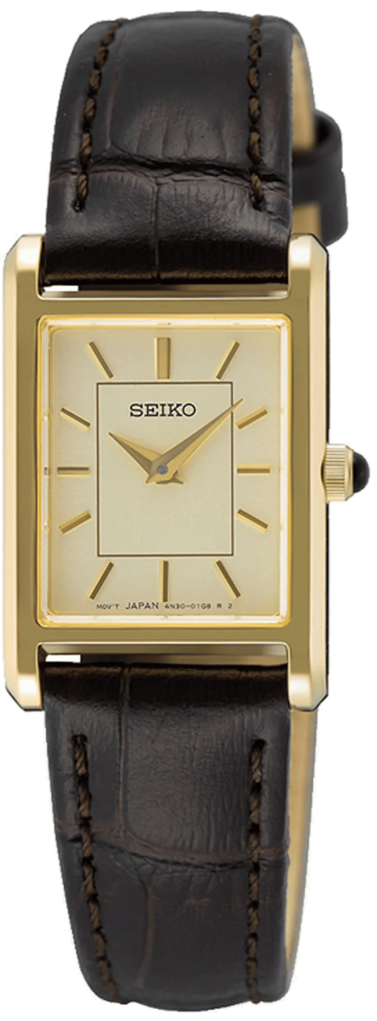 "Seiko damklocka med svart läderarmband, guldfärgat hölje och rektangulär urtavla."