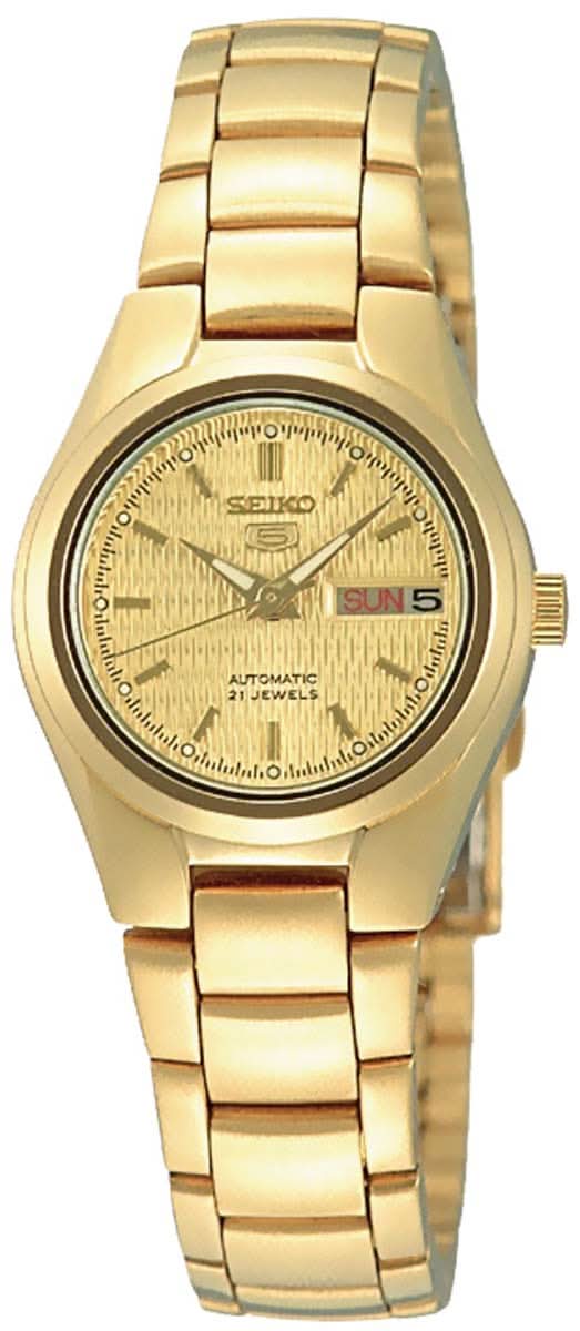 Seiko 5 Damklocka med guldfärgat länkarmband och rund urtavla