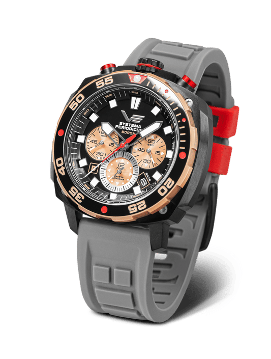 Vostok Europe herrklocka med grått silikonarmband och svart urtavla, röd