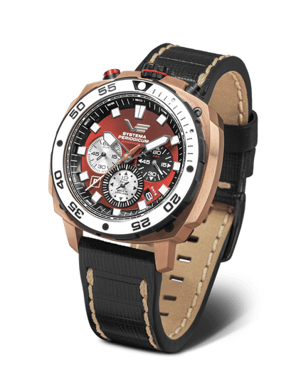 Vostok Europe herrklocka med brunt läderarmband, runt boett, röd urtavla