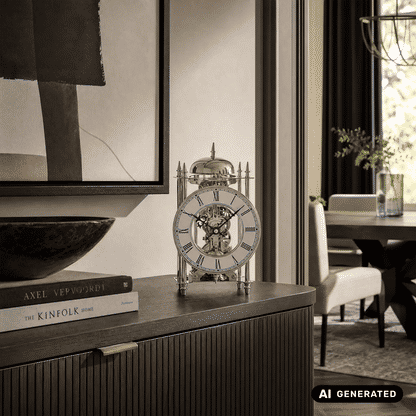 Zegar stołowy AMS Stiluhr T1184 srebrny • 14-dniowy mechanizm z biciem w dzwonek • Mechanizm szkieletowy