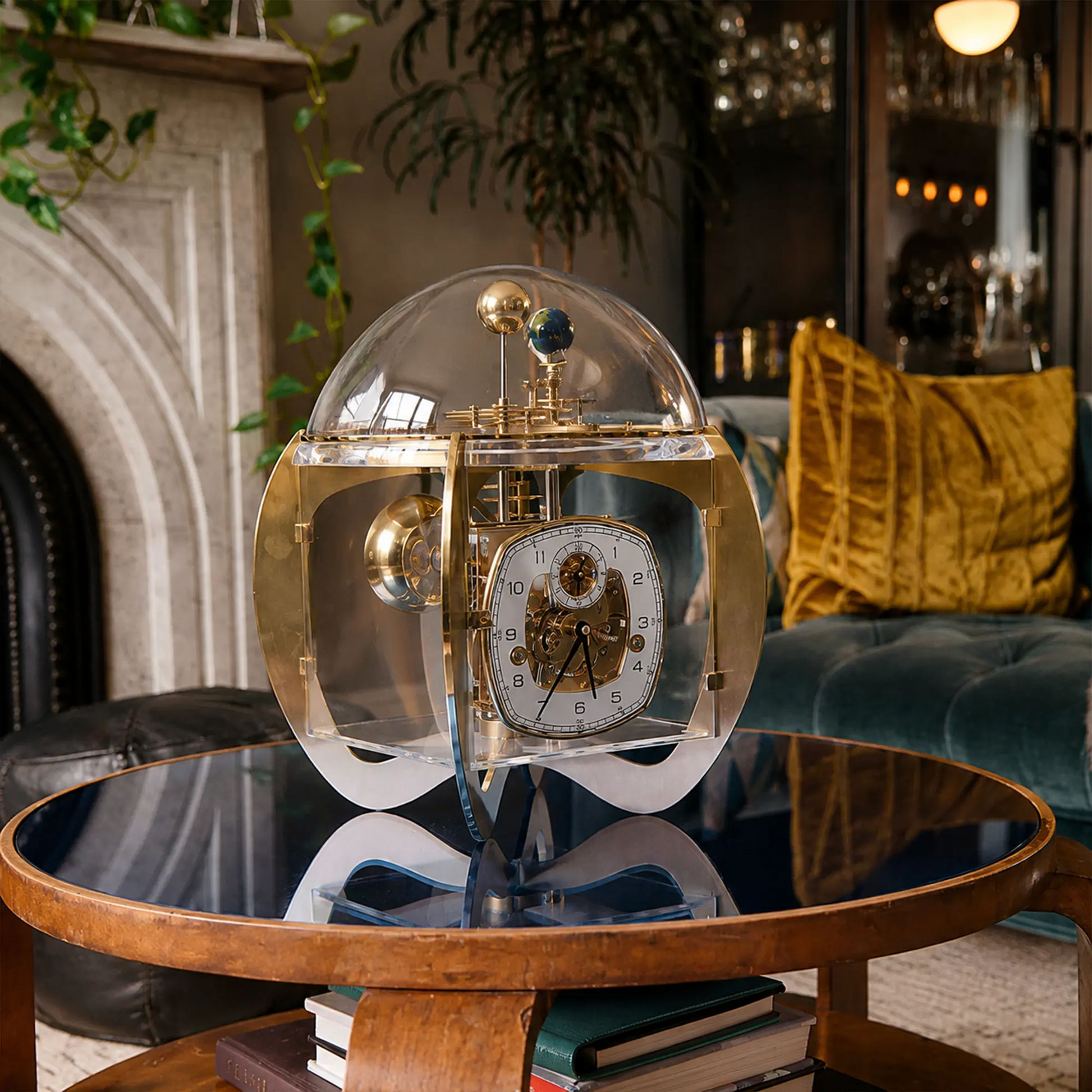 Bordsklocka med glaskupol, mässingshölje och rund bas