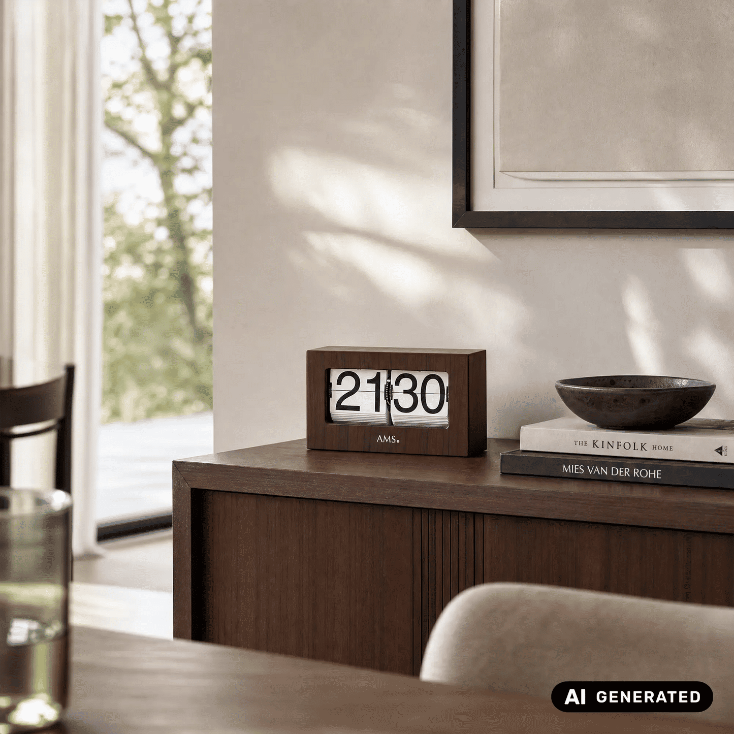 AMS Retro T1177 Zegar stołowy / Flip Clock • Wyświetlacz z klapkami • Metal i dekor orzecha włoskiego