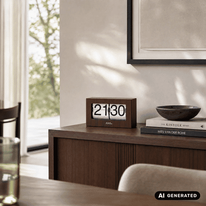 AMS Retro T1177 Zegar stołowy / Flip Clock • Wyświetlacz z klapkami • Metal i dekor orzecha włoskiego