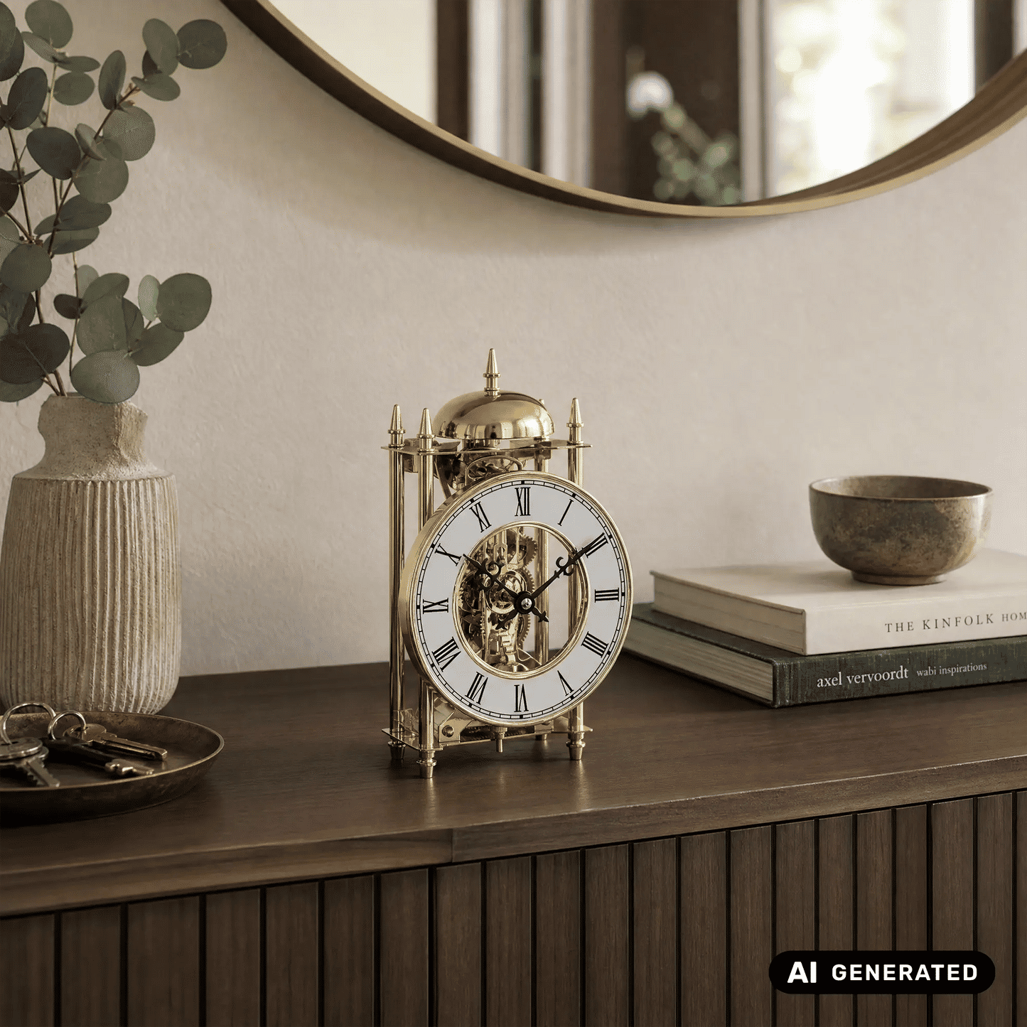 Zegar stołowy szkieletowy AMS 1183 złoty • Mechanizm 14-dniowy • Odsłonięty mechanizm zegarowy