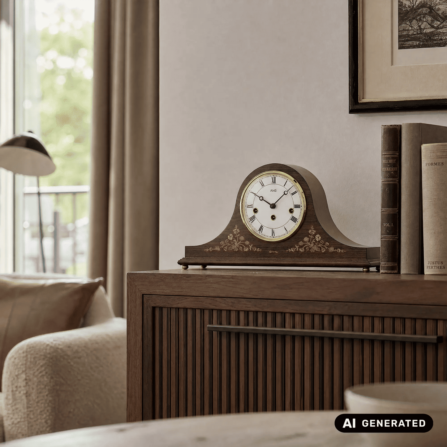 Zegar stołowy AMS T2188/1 orzech • 8-dniowy mechanizm Westminster • fornir orzechowy z intarsjami
