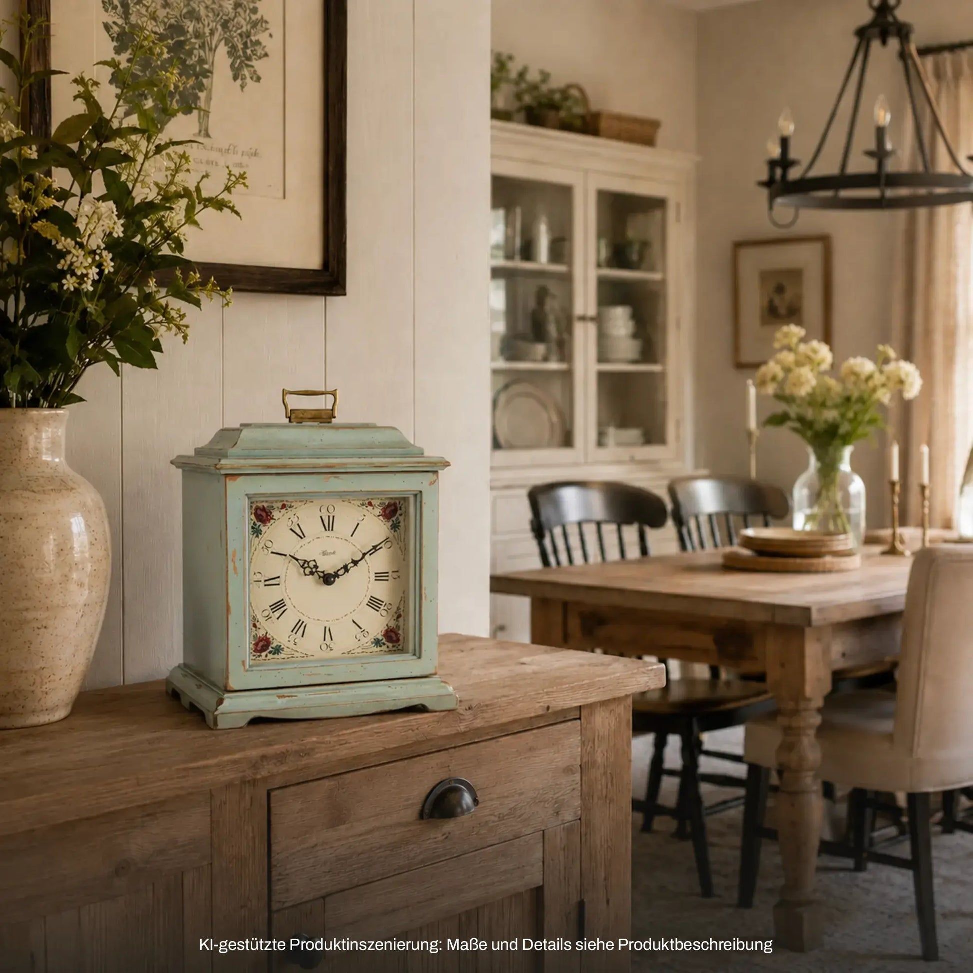Vintage Tischuhr aus Holz mit blauem Gehäuse, weißem Zifferblatt und römischen Ziffern