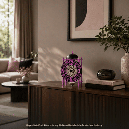 Hermle Tischuhr mit violettem Metallgehäuse und rundem Ziffernblatt