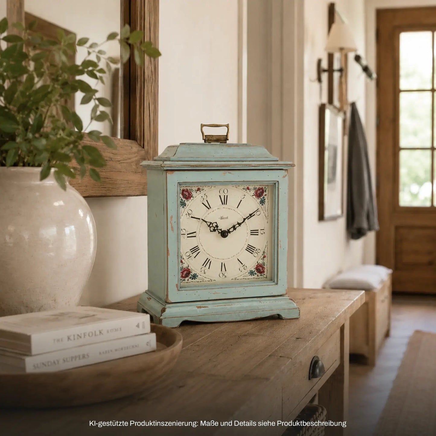 Vintage Tischuhr mit blauem Holzkorpus, weißem Zifferblatt und römischen Zahlen