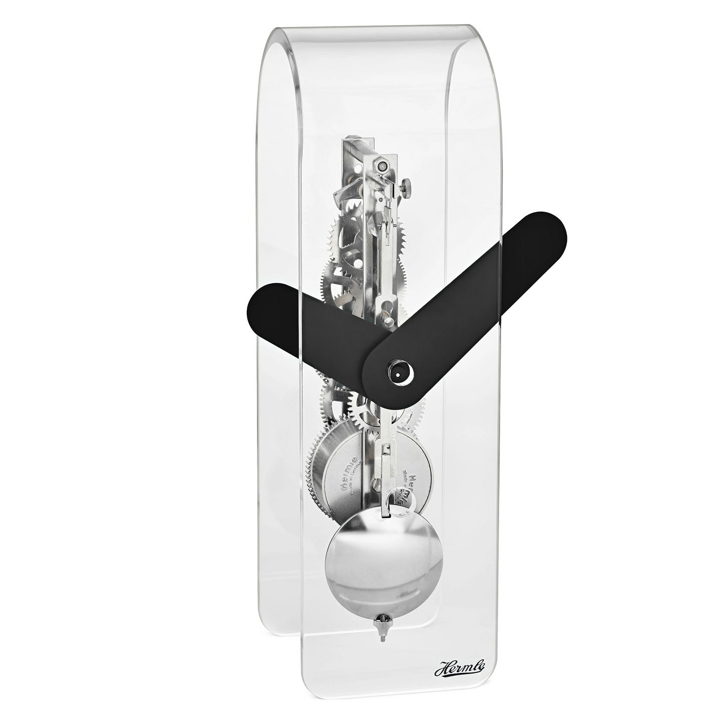 Akrylbordsklocka med synligt urverk och svart visare, transparent hölje