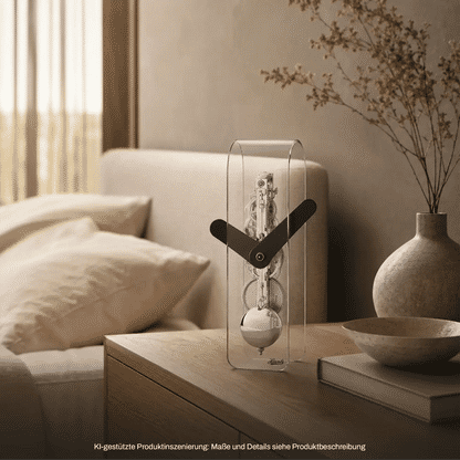 Acryl-Tischuhr mit sichtbarem Uhrwerk und schwarzen Zeigern im transparenten Rahmen