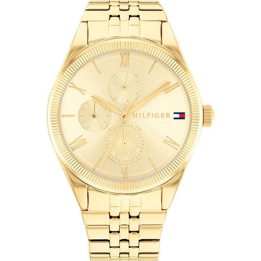 Tommy Hilfiger Armbanduhr mit goldfarbenem Metallband und rundem Zifferblatt, römische Zahlen