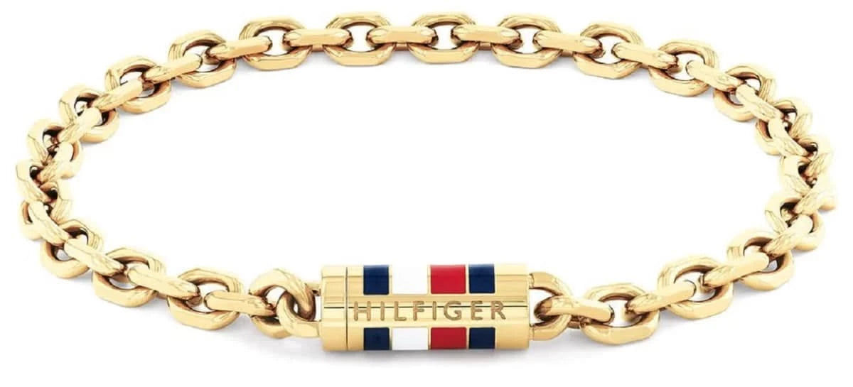 Guldpläterat armband i rostfritt stål med logotypbricka