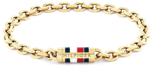 Guldpläterat armband i rostfritt stål med logotypbricka