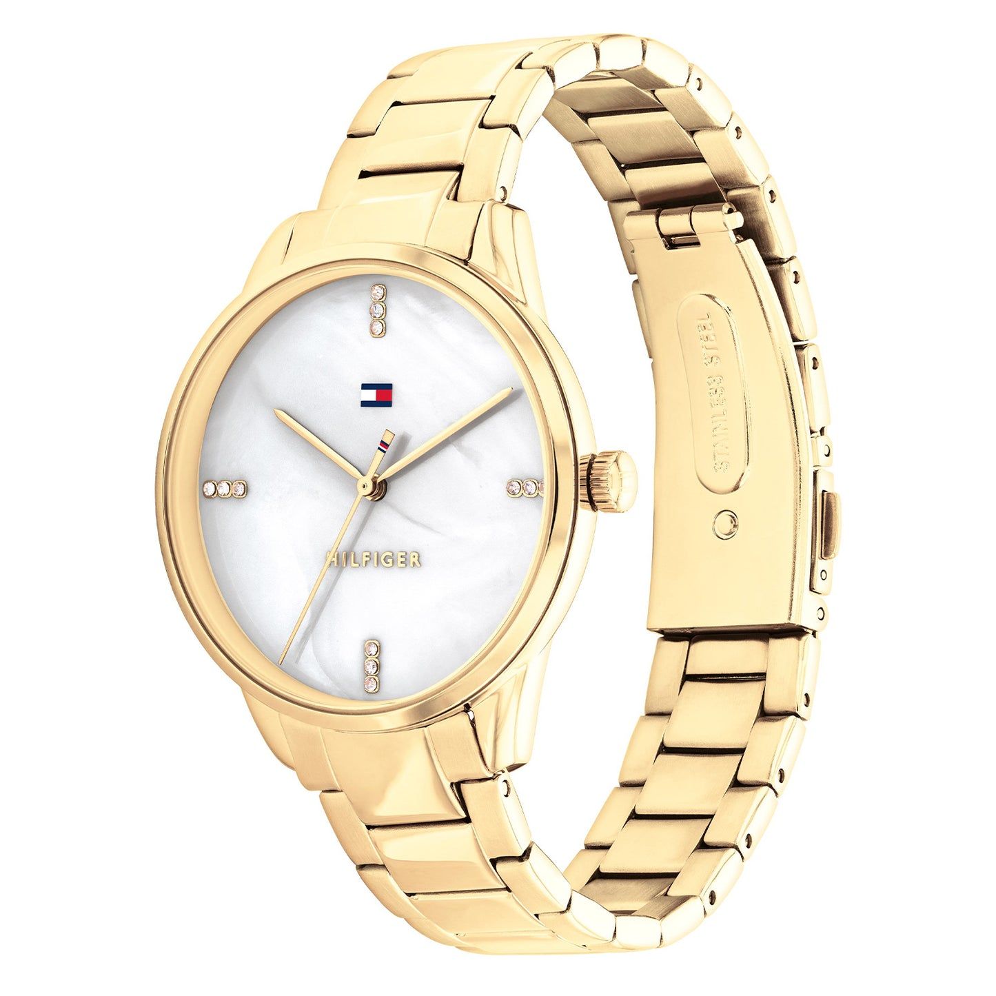 Tommy Hilfiger Damen-Armbanduhr schräg von vorn mit goldenem Gliederarmband und Perlmuttzifferblatt