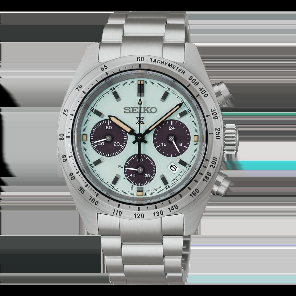 Seiko Prospex herrklocka med silverfärgat armband i rostfritt stål, vit urtavla och kronograf-suburtavlor