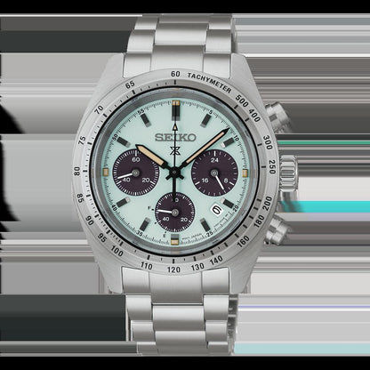 Seiko Prospex herrklocka med silverfärgat armband i rostfritt stål, vit urtavla och kronograf-suburtavlor