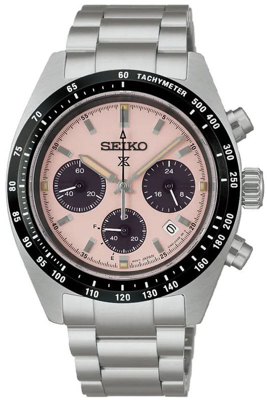 Seiko Prospex herrklocka: Solcellsdriven kronograf, armband i silverfärgat rostfritt stål, urtavla i rosafärg