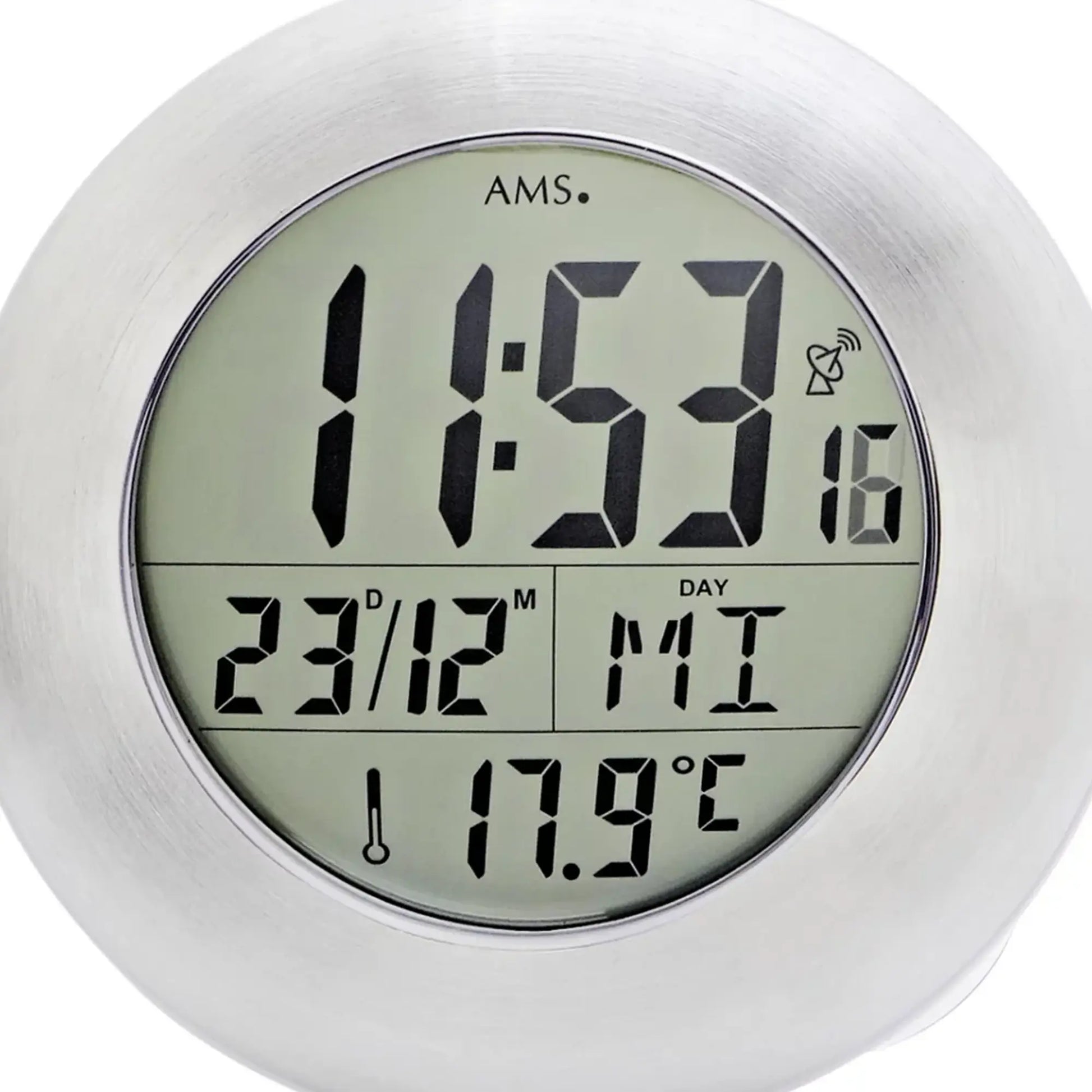 Digitale Funk-Wanduhr mit LCD-Ziffernanzeige und Thermometer im Aluminiumgehäuse