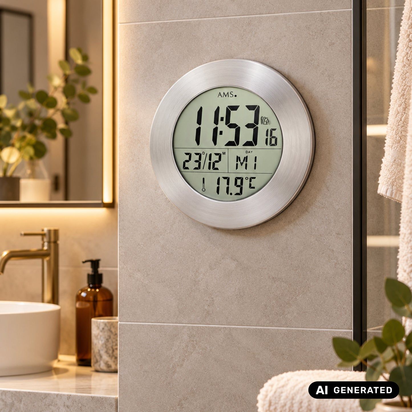 Funk-Wanduhr zur Wandmontage, LCD-Display mit Thermometer, Aluminium