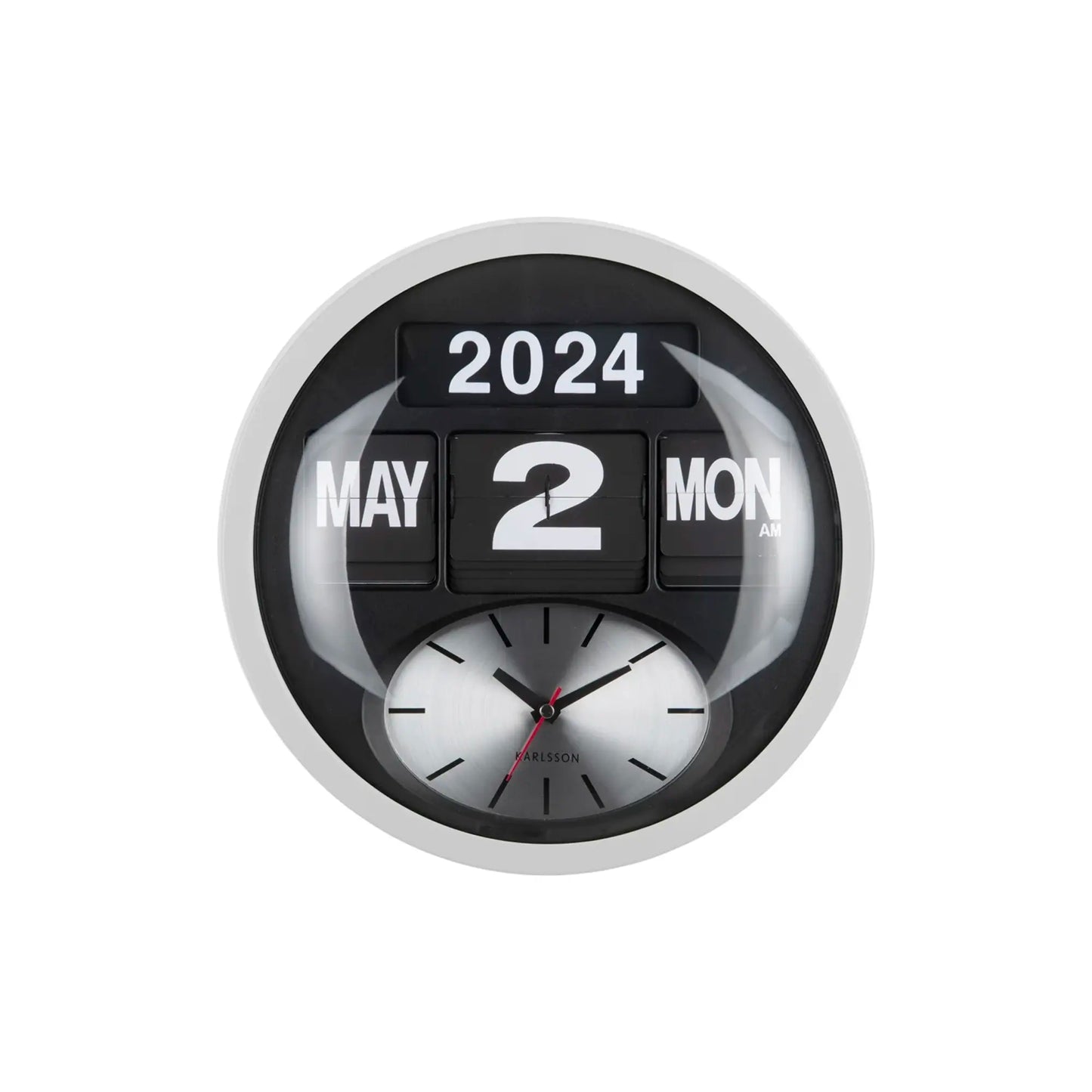 Karlsson Round Flip KA6030WH Wanduhr Weiß • Klappzahlen-Kalender • Analoge Zeitanzeige