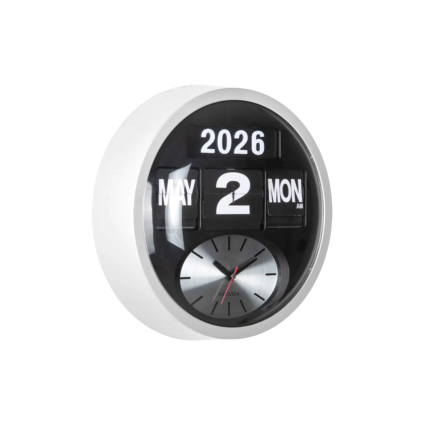 Karlsson Round Flip KA6030WH Wanduhr Weiß • Klappzahlen-Kalender • Analoge Zeitanzeige