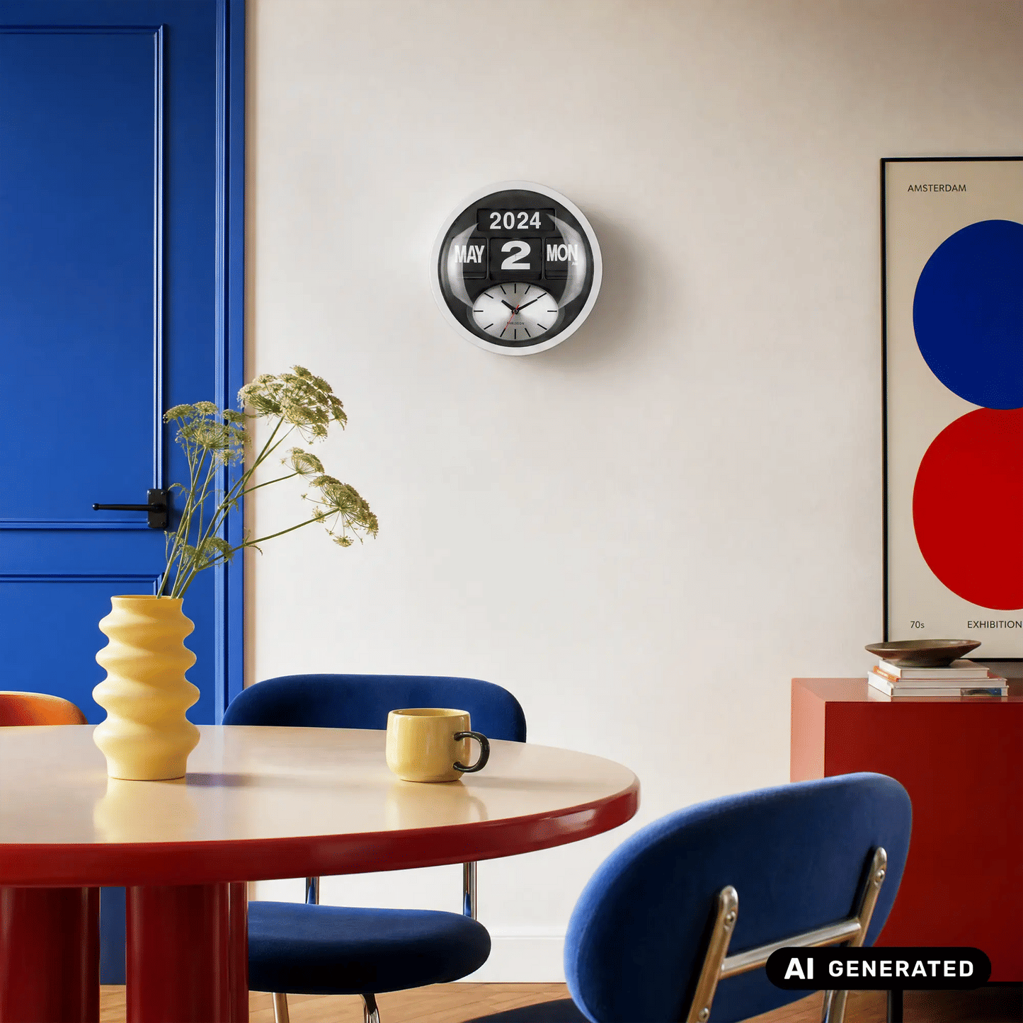 Karlsson Round Flip KA6030WH Wanduhr Weiß • Klappzahlen-Kalender • Analoge Zeitanzeige