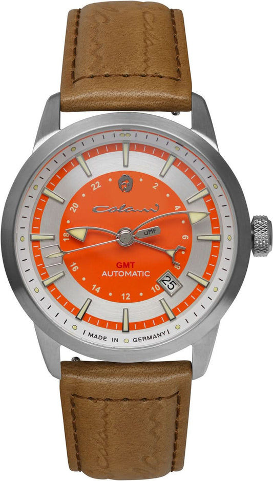 Herrklocka med orange urtavla, boett i silver och brunt läderarmband.