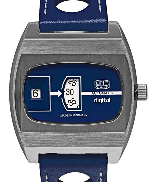 Armbandsur med silverfärgat metallhölje och blå urtavla, digital display, UMF Ruhla automatisk