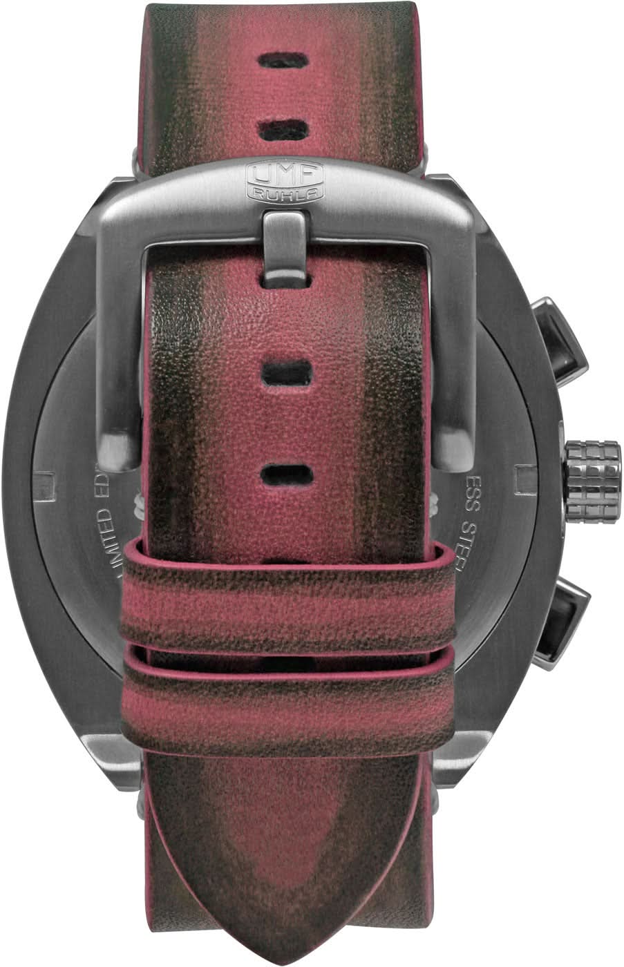 Herrklocka med baksida, brunt läderarmband, stiftspänne och räfflad infattning