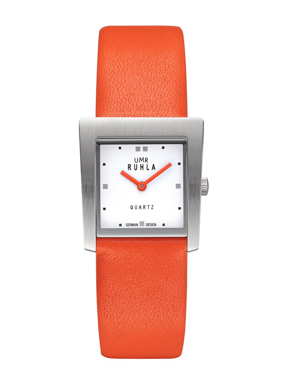 Damur från UMR RUHLA med orange läderarmband, silverfärgat boett och vit urtavla.