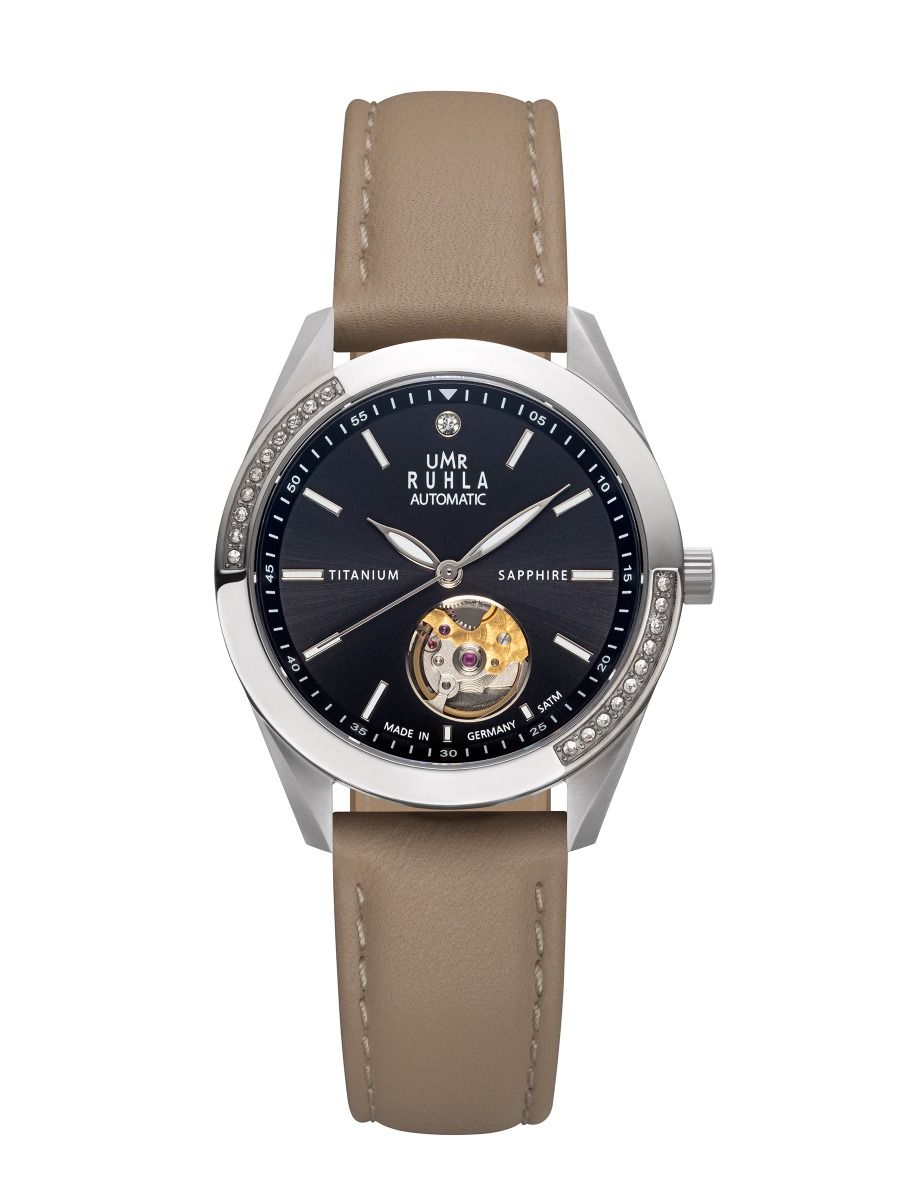 Damur UMR automatisk med beige läderarmband, blå urtavla och safirglas
