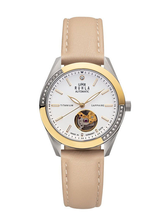 Damur i tvåfärgad design med beige läderarmband, runt boett och vit urtavla