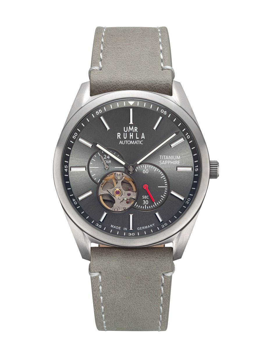 Automatisk herrklocka med grått läderarmband, silverfärgat boett och subdials