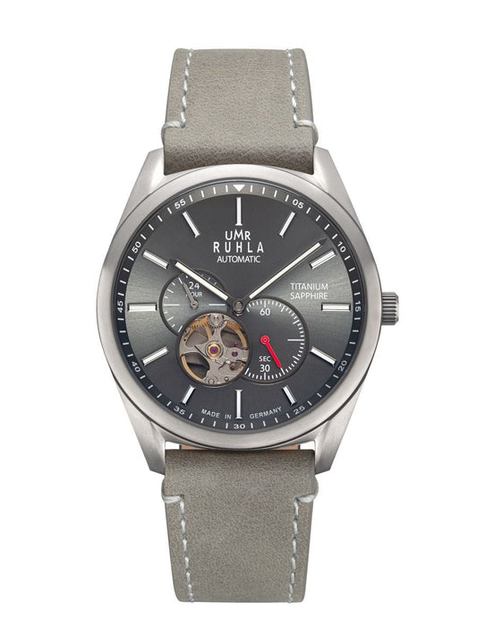 Automatisk herrklocka med grått läderarmband, silverfärgat boett och subdials