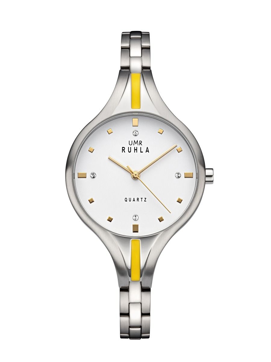 Damur, silverfärgat armband, vit urtavla med gula detaljer