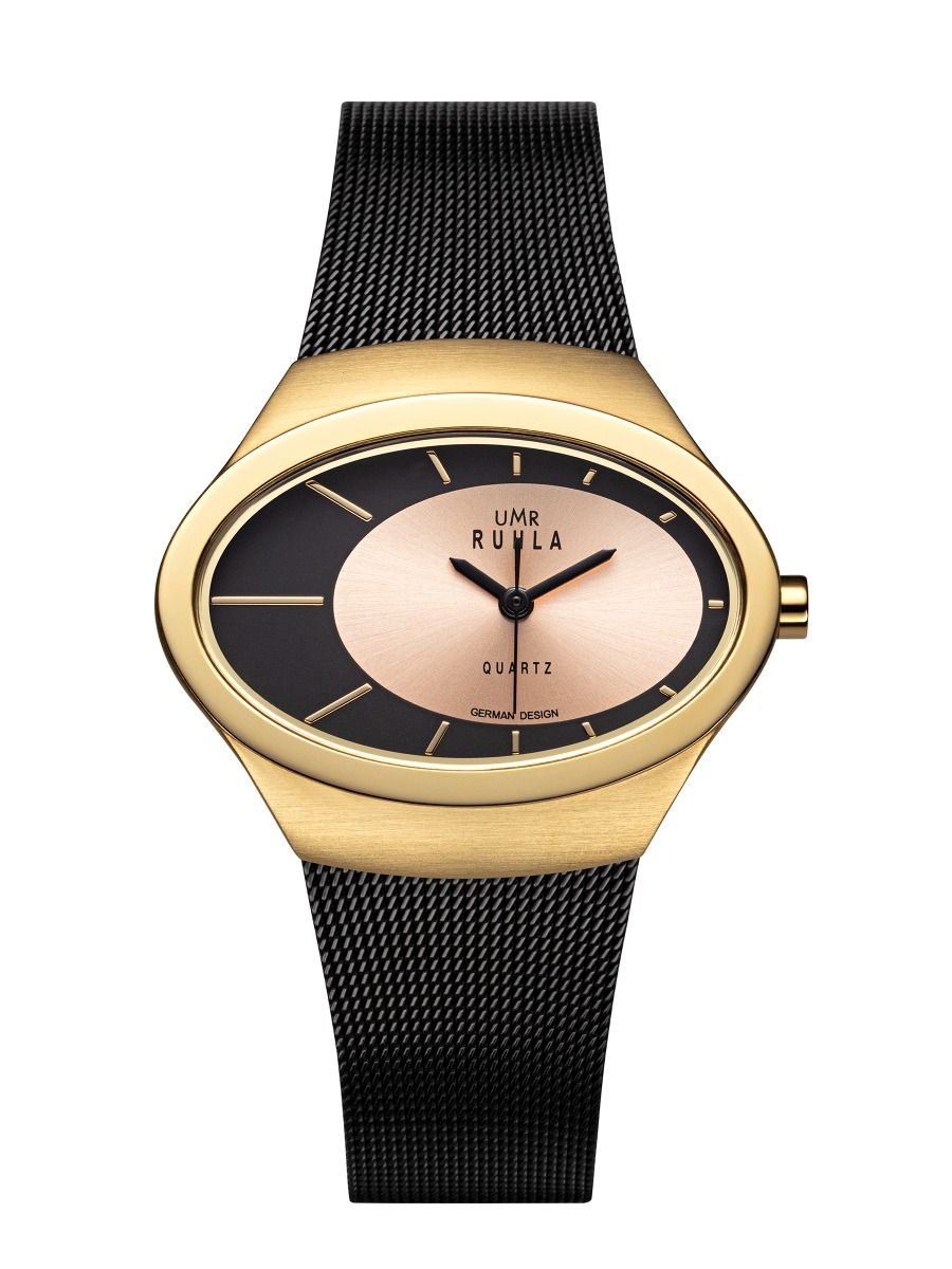 Armbandsur med svart mesh-armband och guldfärgad boett, rund urtavla