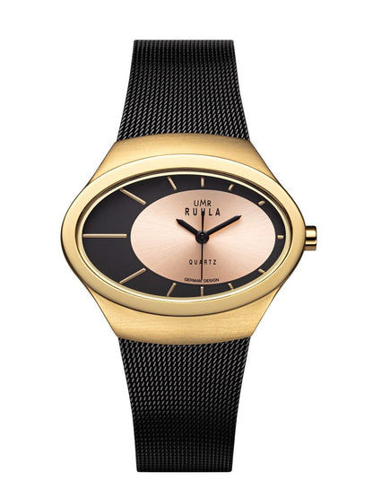 Armbandsur med svart mesh-armband och guldfärgad boett, rund urtavla