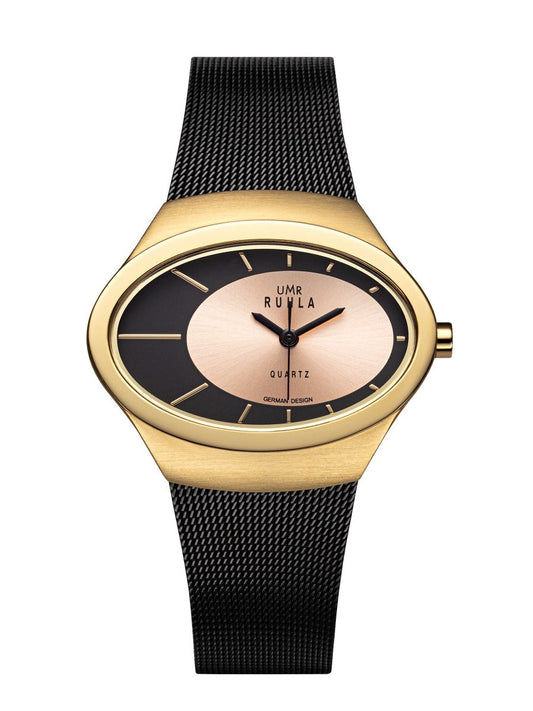 Armbandsur med svart mesh-armband och guldfärgad boett, rund urtavla