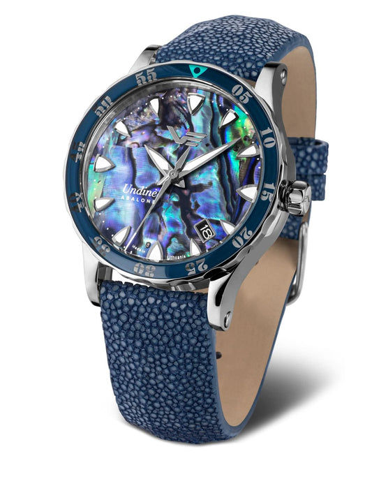 Damenuhr: blaues Lederarmband, blaue Lünette, Abalone-Zifferblatt mit Leuchtindizes
