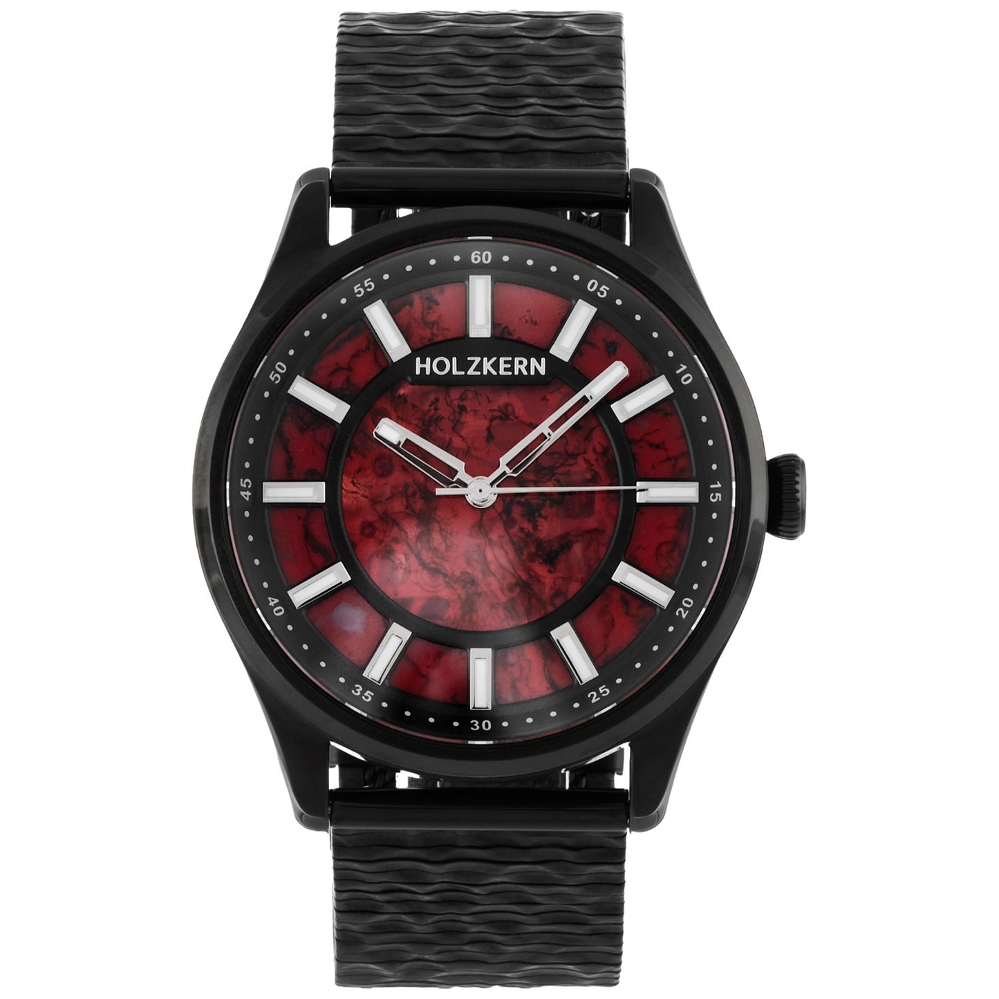 Holzkern Herrenarmbanduhr mit schwarzem Armband und rotem Marmor-Zifferblatt, silbernen Indizes