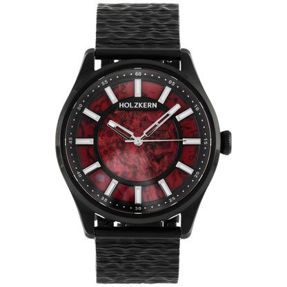 Holzkern Herrenarmbanduhr mit schwarzem Armband und rotem Marmor-Zifferblatt, silbernen Indizes