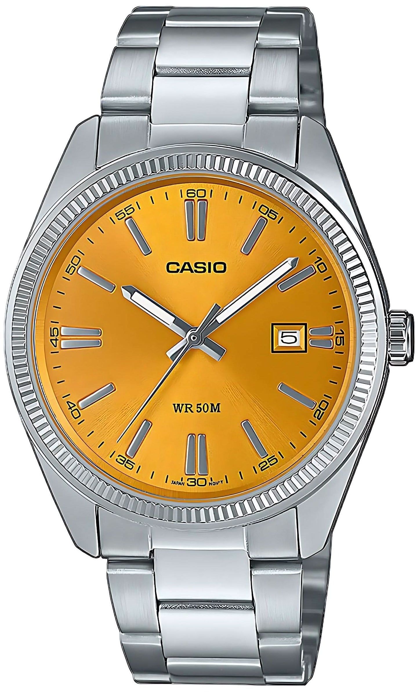 Casio herrklocka med gul urtavla och silverfärgat metallarmband, analog visning
