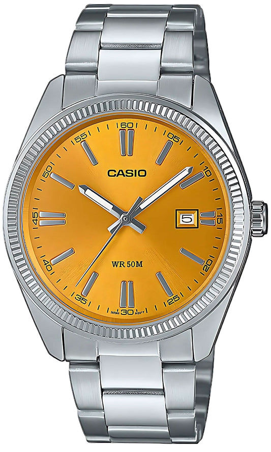 Casio herrklocka med gul urtavla och silverfärgat metallarmband, analog visning