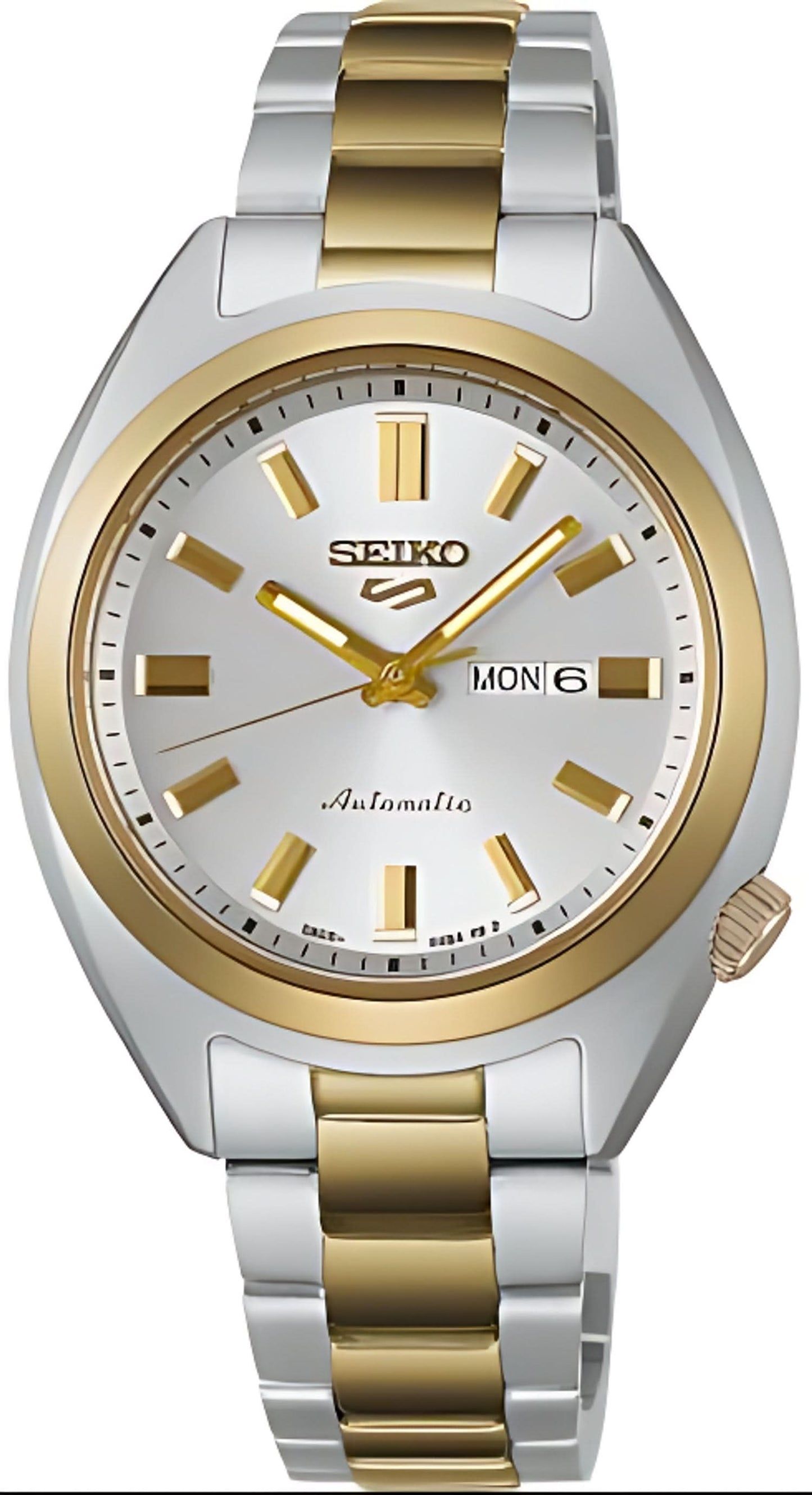 Seiko damklocka med automatisk urverk, tvåfärgat armband och vit urtavla, datumvisning