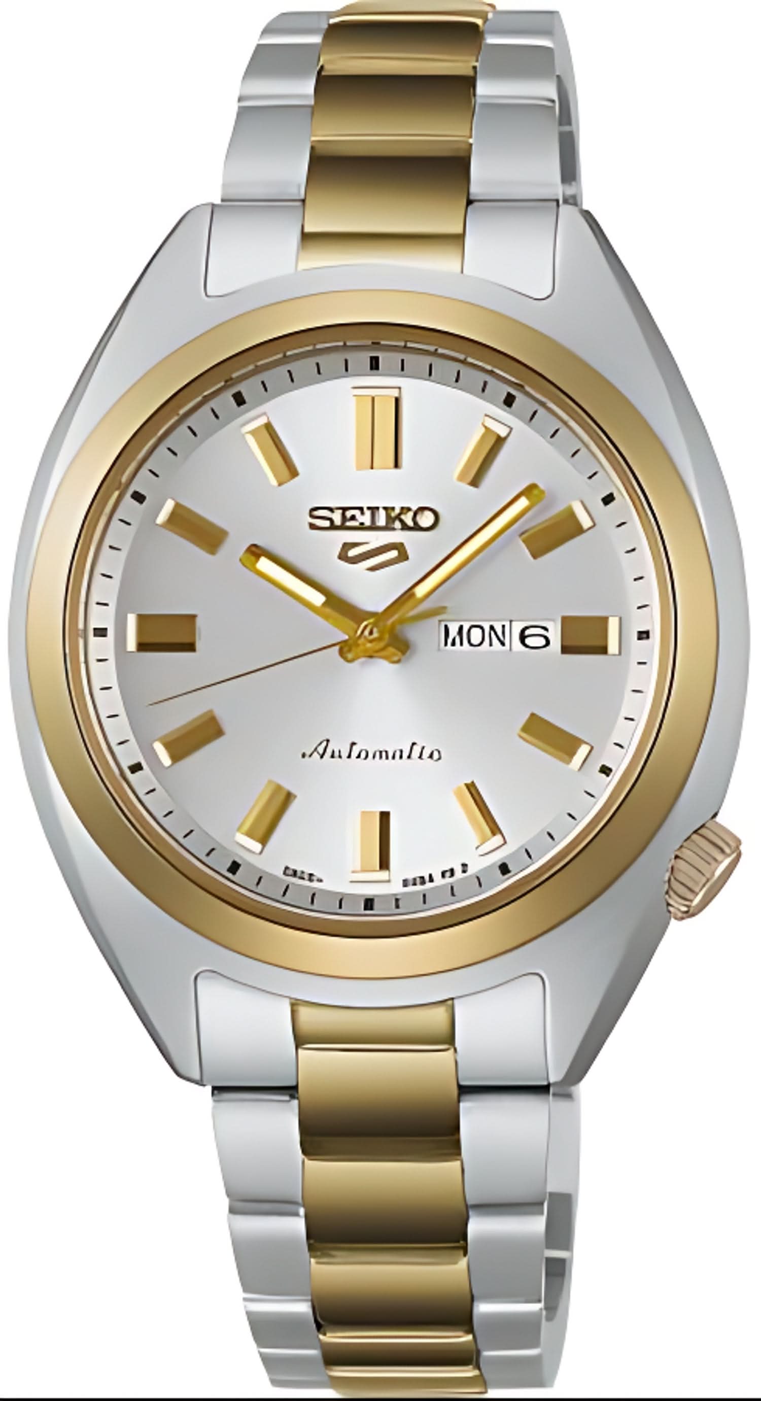 Seiko damklocka med automatisk urverk, tvåfärgat armband och vit urtavla, datumvisning