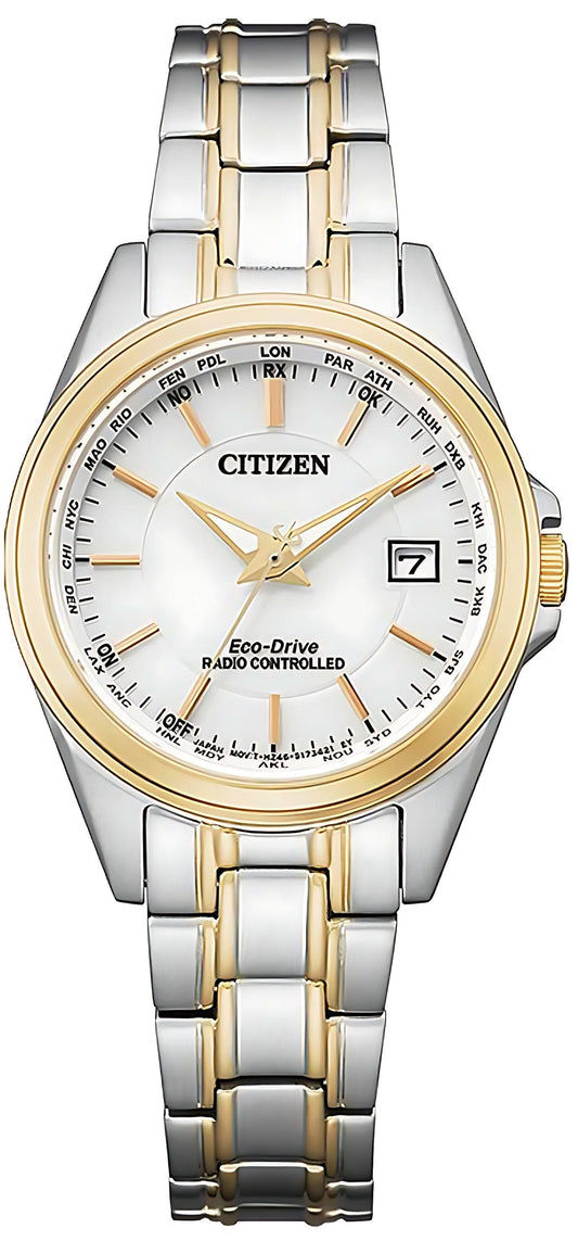 Citizen Damklocka: armband i silver och guldmetall, vit urtavla, datumfönster